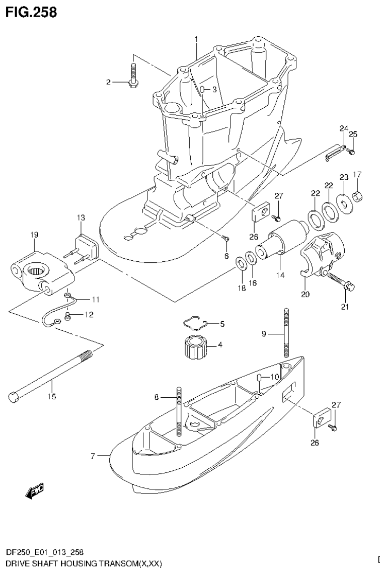 Suzuki DF200T, DF200Z, DF225T, DF225Z, DF250T, DF250Z DRIVE SHAFT HOUSING TRANSOM(X,XX) (DF250T E40) parts diagram